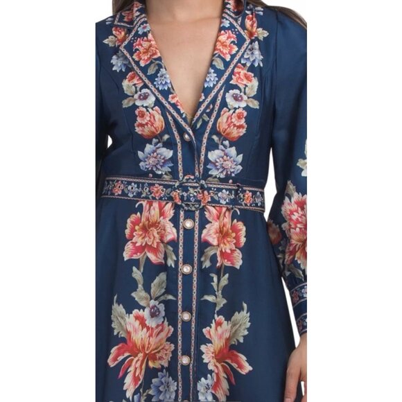 Dalia MacPhee Floral Maxi Dress Belted Button Front Sz Large NEW $250 Navy - Picture 2 of 13